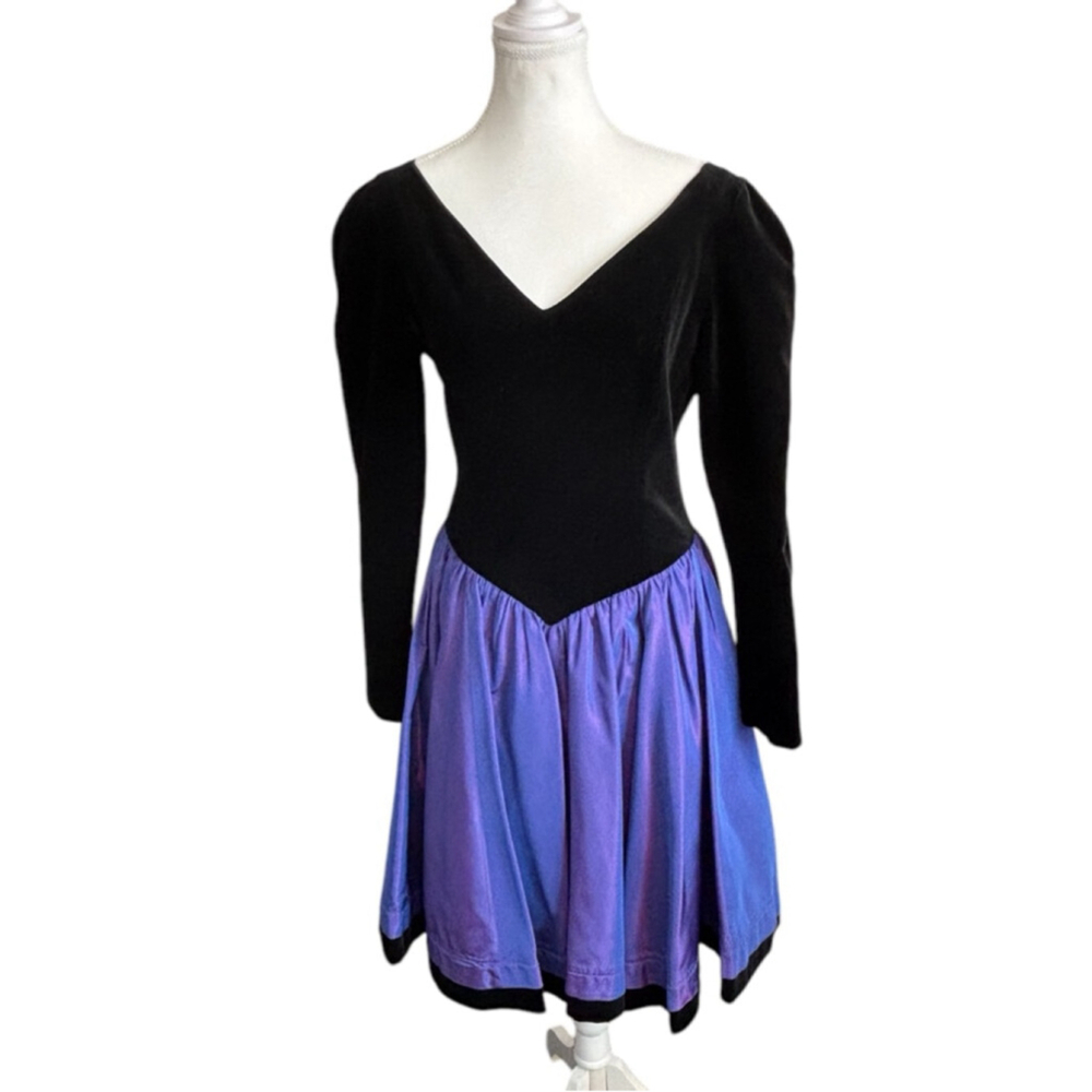 Vintage Laura Ashley Purple Taffeta Black Velvet Dress Size 10